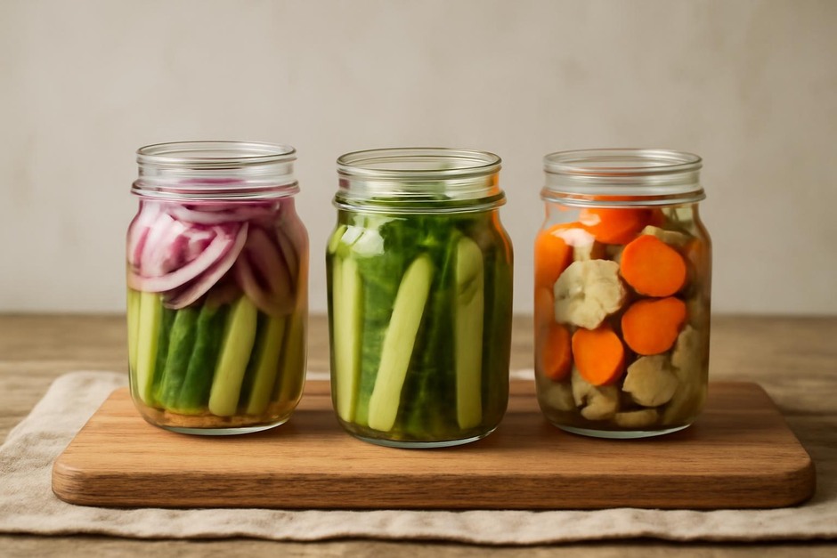 Three small jars of colorful quick pickles on a wooden board