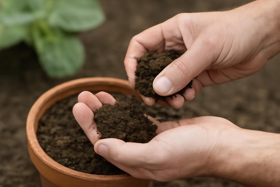 Hand holding a small ball of garden soil while another hand tests moisture by squeezing it