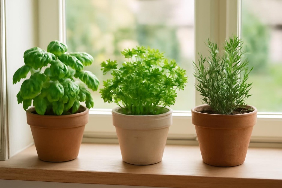 Windowsill herb pots with basil, parsley, and rosemary